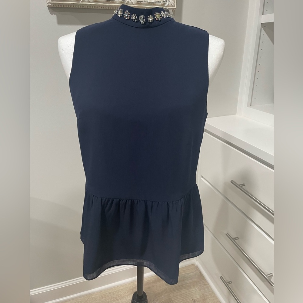 NWT J Crew Navy Top with Rhinestone Collar